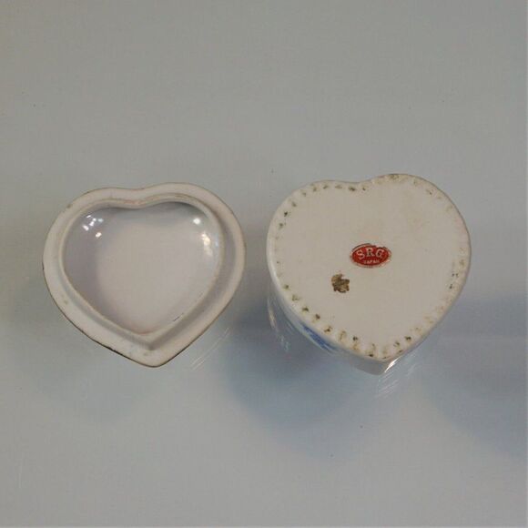 Blue Flower Trinket Box Vintage SRG Japan Lidded Gold Trim Heart Shape Keepsake - Picture 6 of 8
